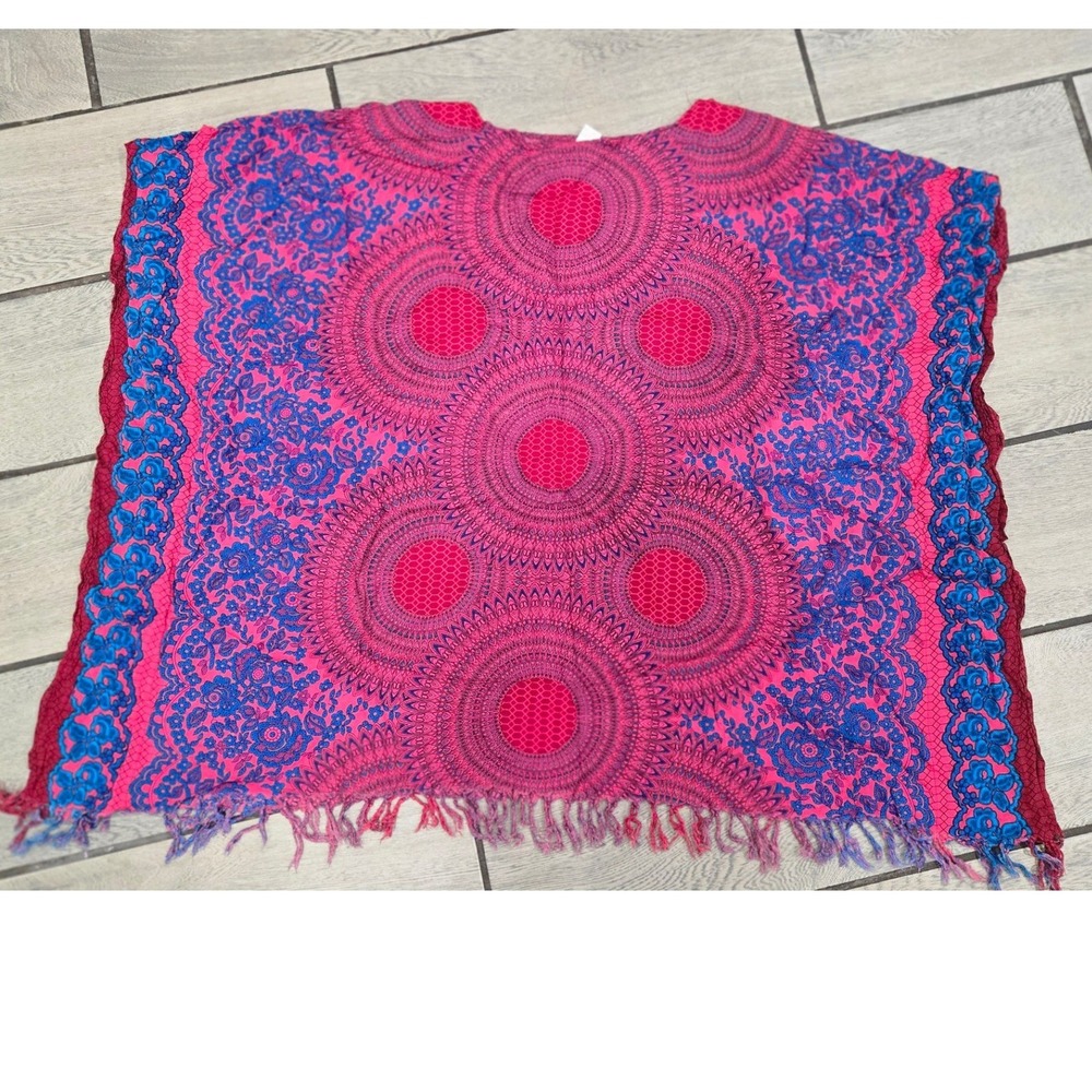 Pink Blue Mandala Print Fringe Poncho Top Boho Festival Beach Coverup OS